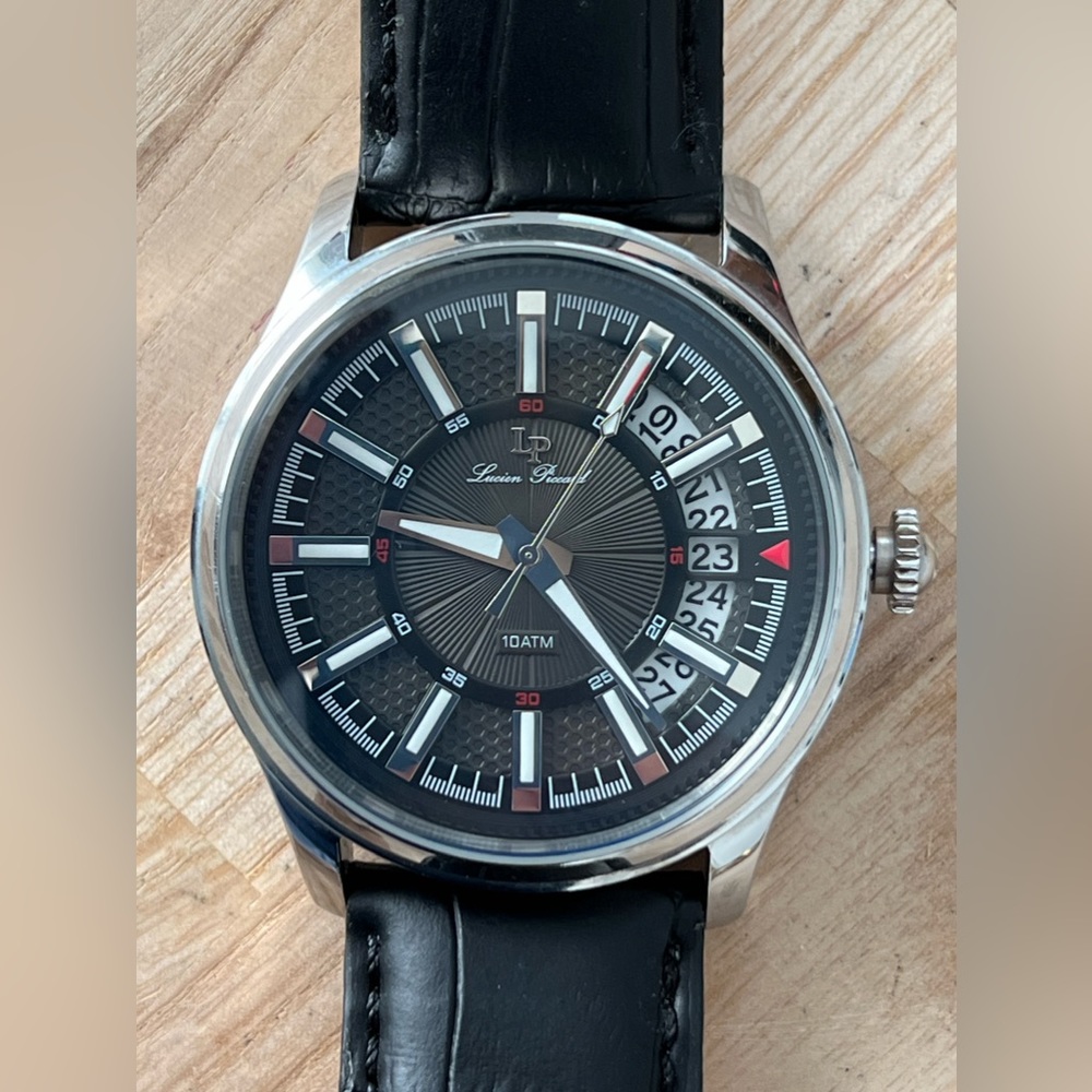 Lucien Piccard Rare Men’s Watch Black Dial Date Window Genuine Leather Strap